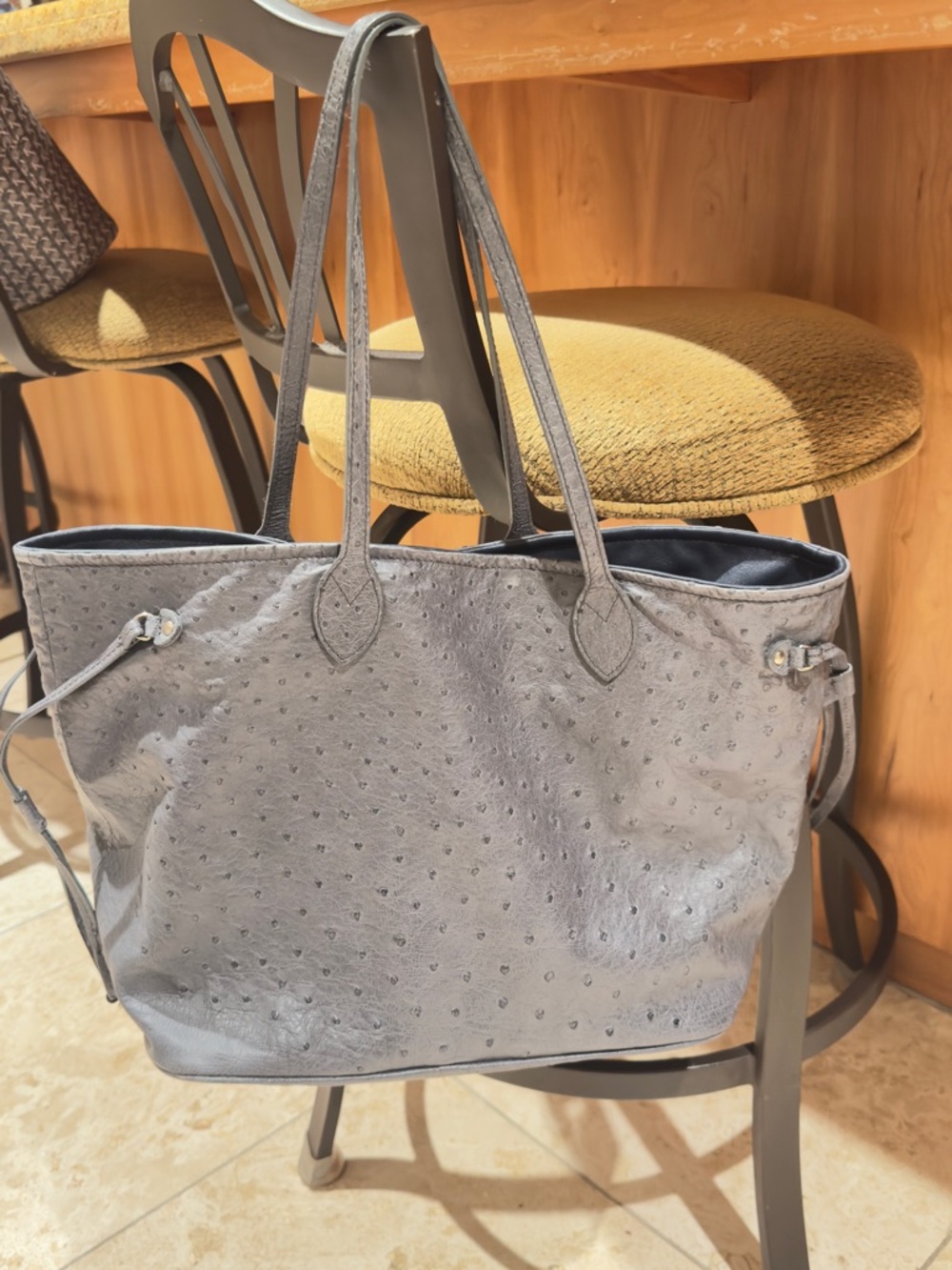 Gray Real-Ostrich Tote Bag with Long Shoulder Straps